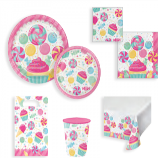 Candy Themed Party Set(Beverage Napkins, Luncheon Napkins, Dinner Plates, Plastic Table Cover & Loot Bags)