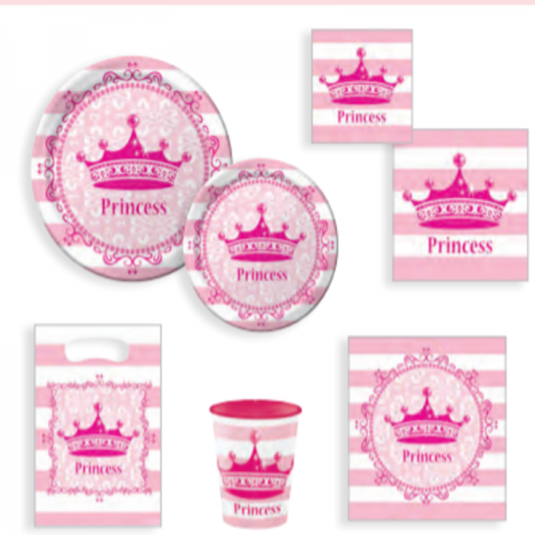 Pink Princess Party Set(Beverage Napkins, Luncheon Napkins, Dinner Plates, Plastic Table Cover & Loot Bags)