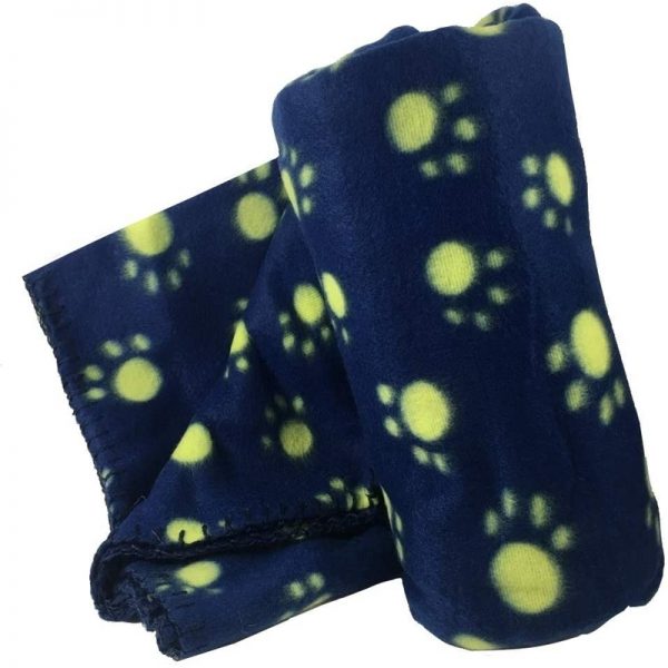 Blue and Yellow Fleece Paw Print Pet Blanket